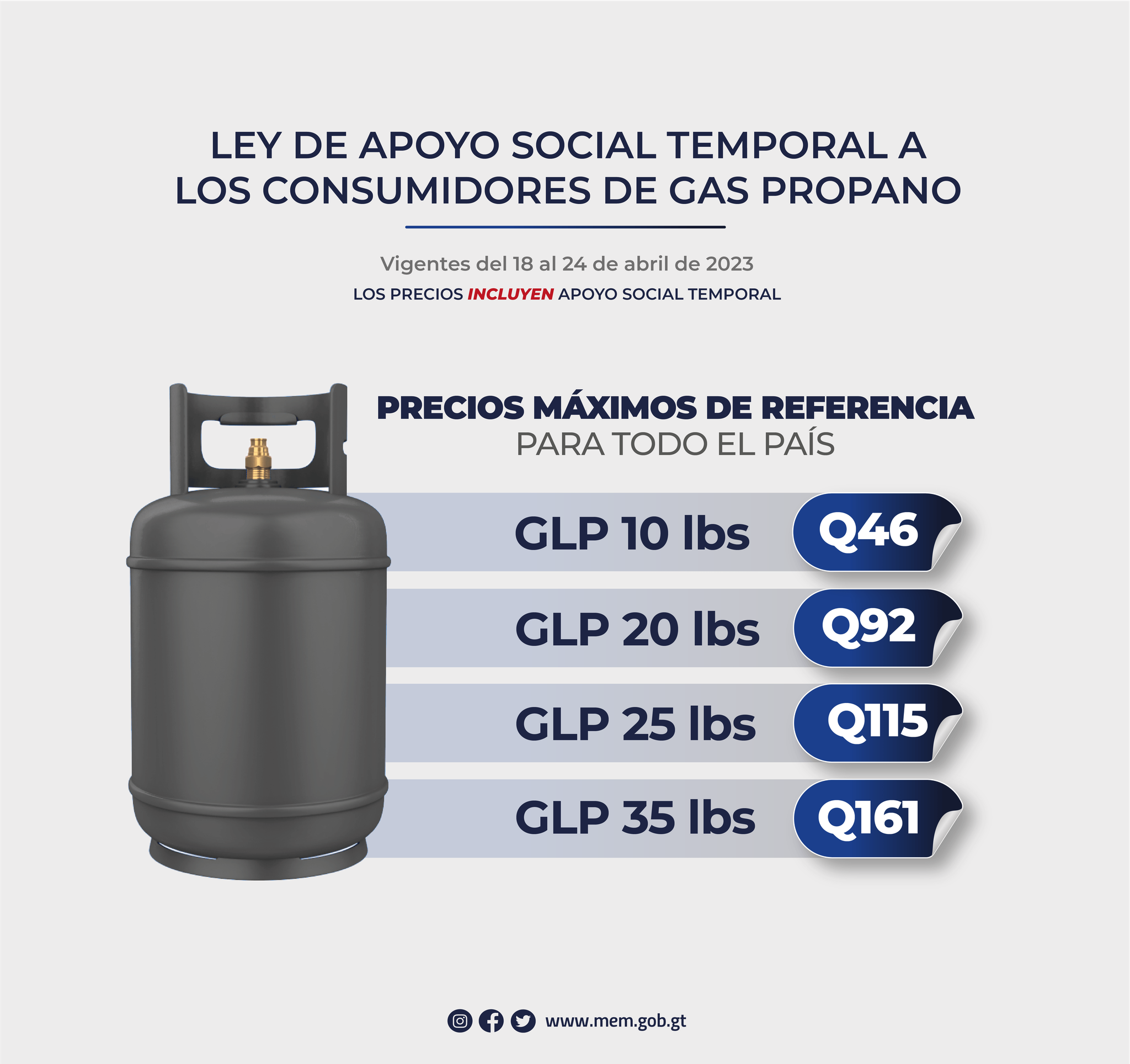 Precios máximos de referencia al consumidor de gas propano con apoyo social temporal vigentes del 18 al 24 de abril de 2023
