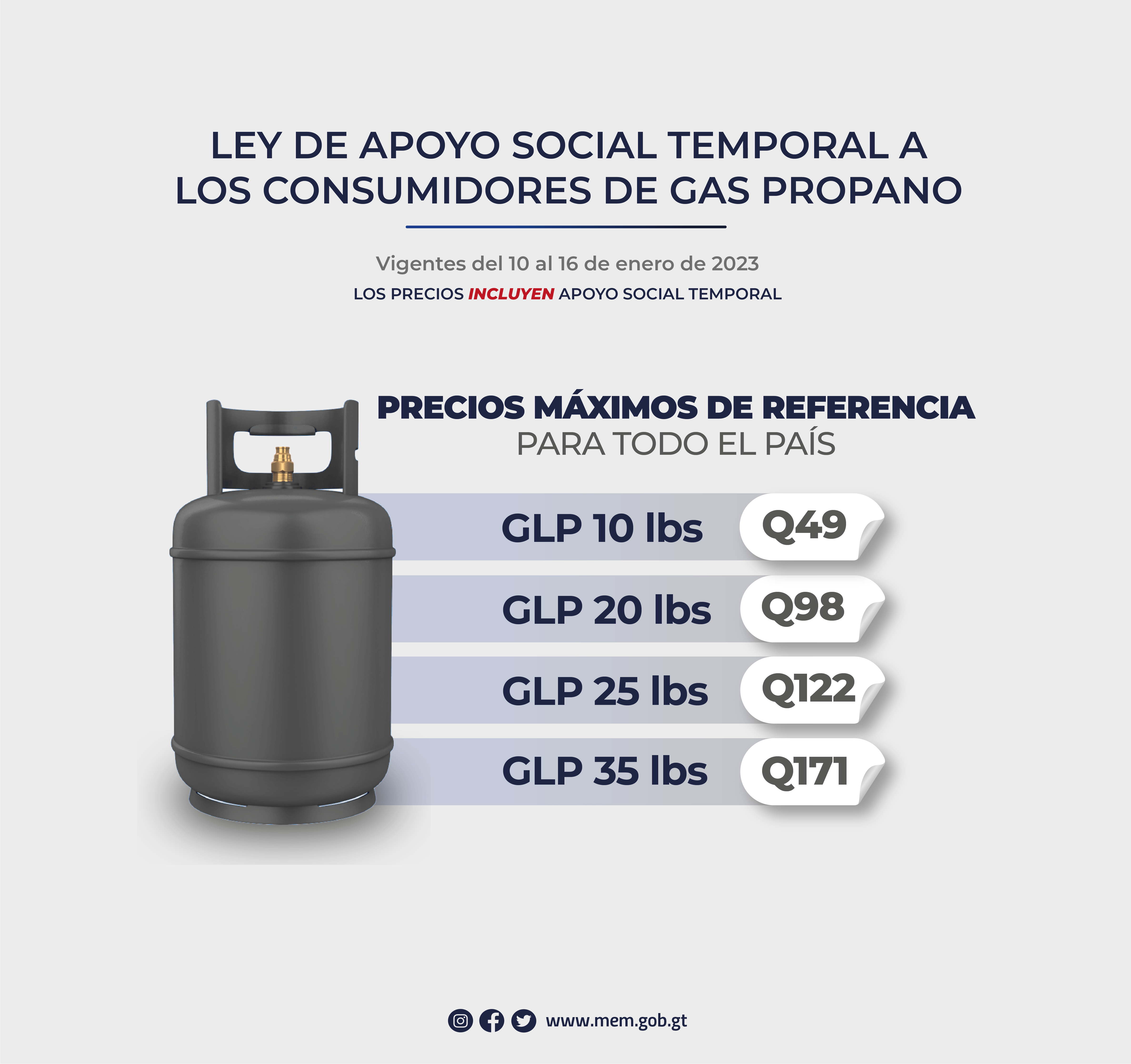 Precios máximos de referencia al consumidor de gas propano con apoyo social vigentes del 10 al 16 enero de 2023