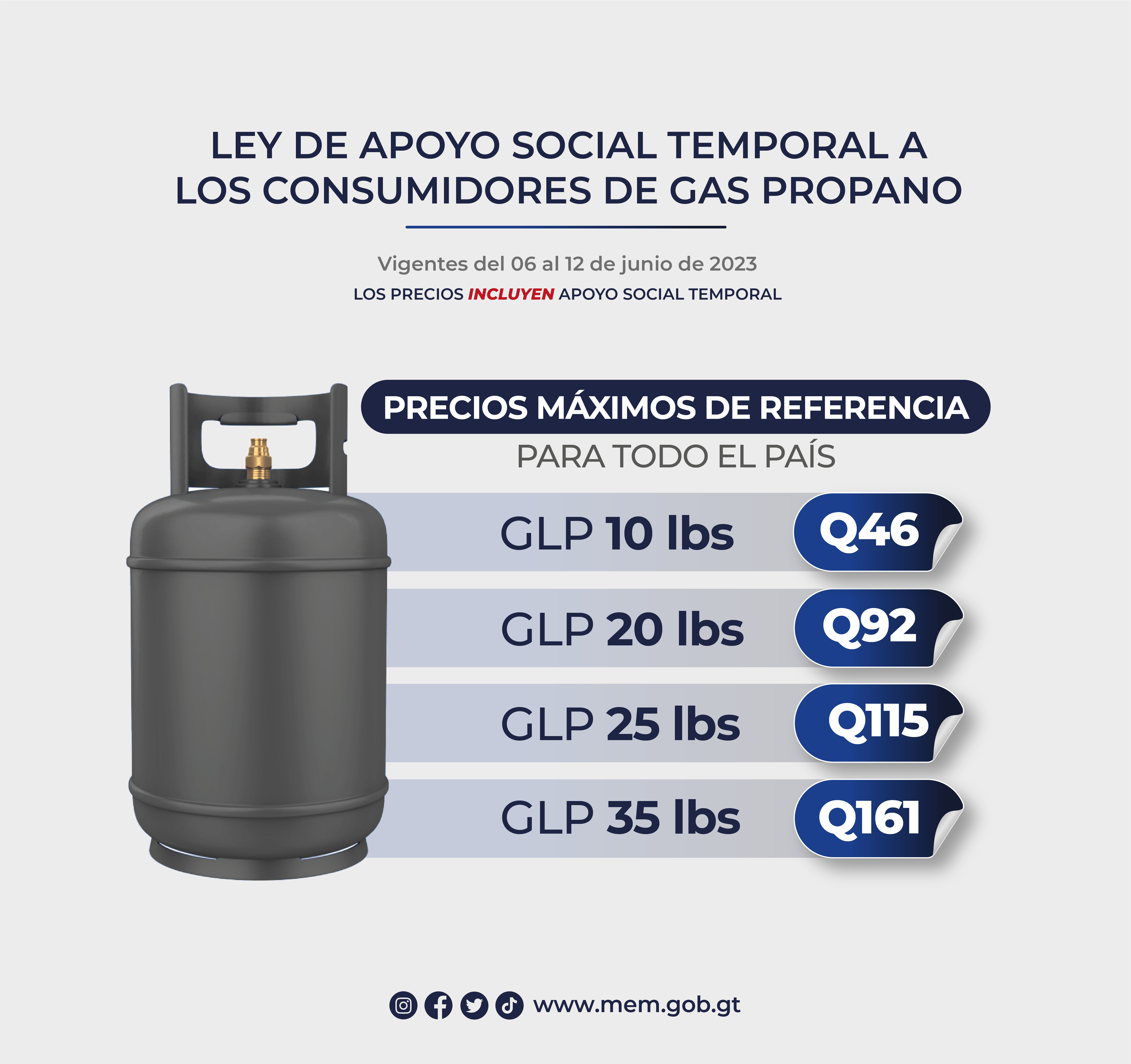 Precios máximos de referencia al consumidor de gas propano con apoyo social temporal vigentes del 06 al 12 de junio de 2023