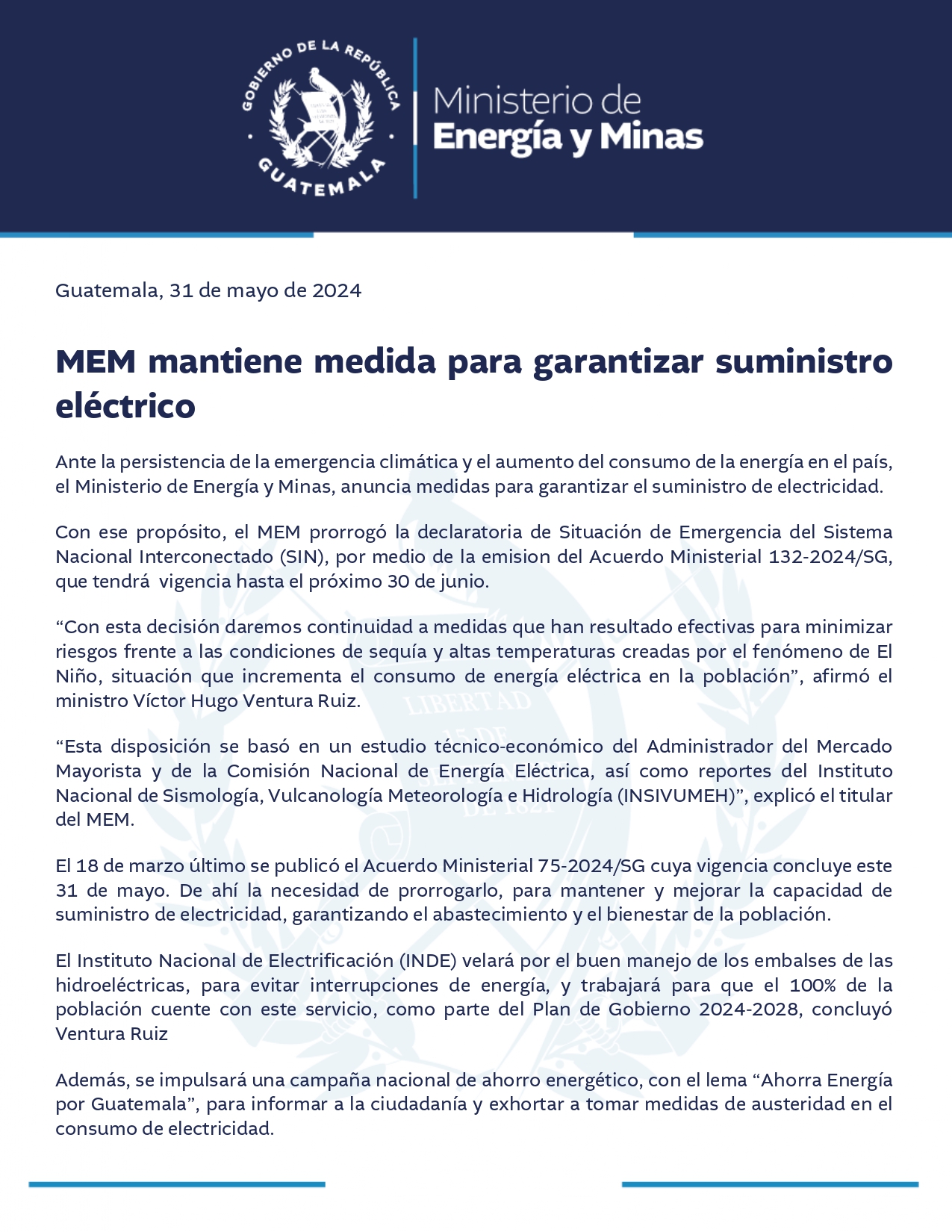 MEM mantiene medida para garantizar suministro eléctrico