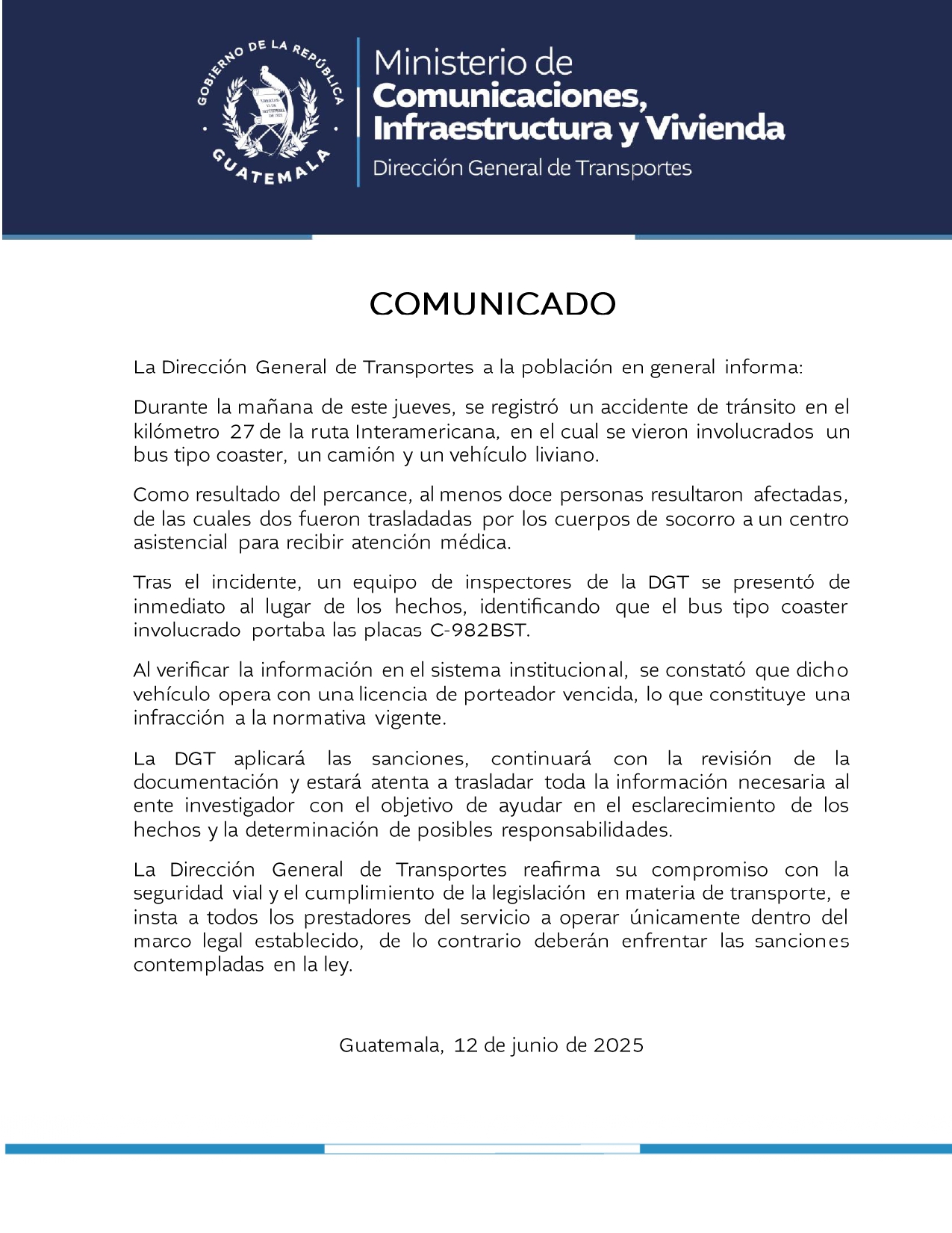 La Dirección General de Transportes a la población en general informa: