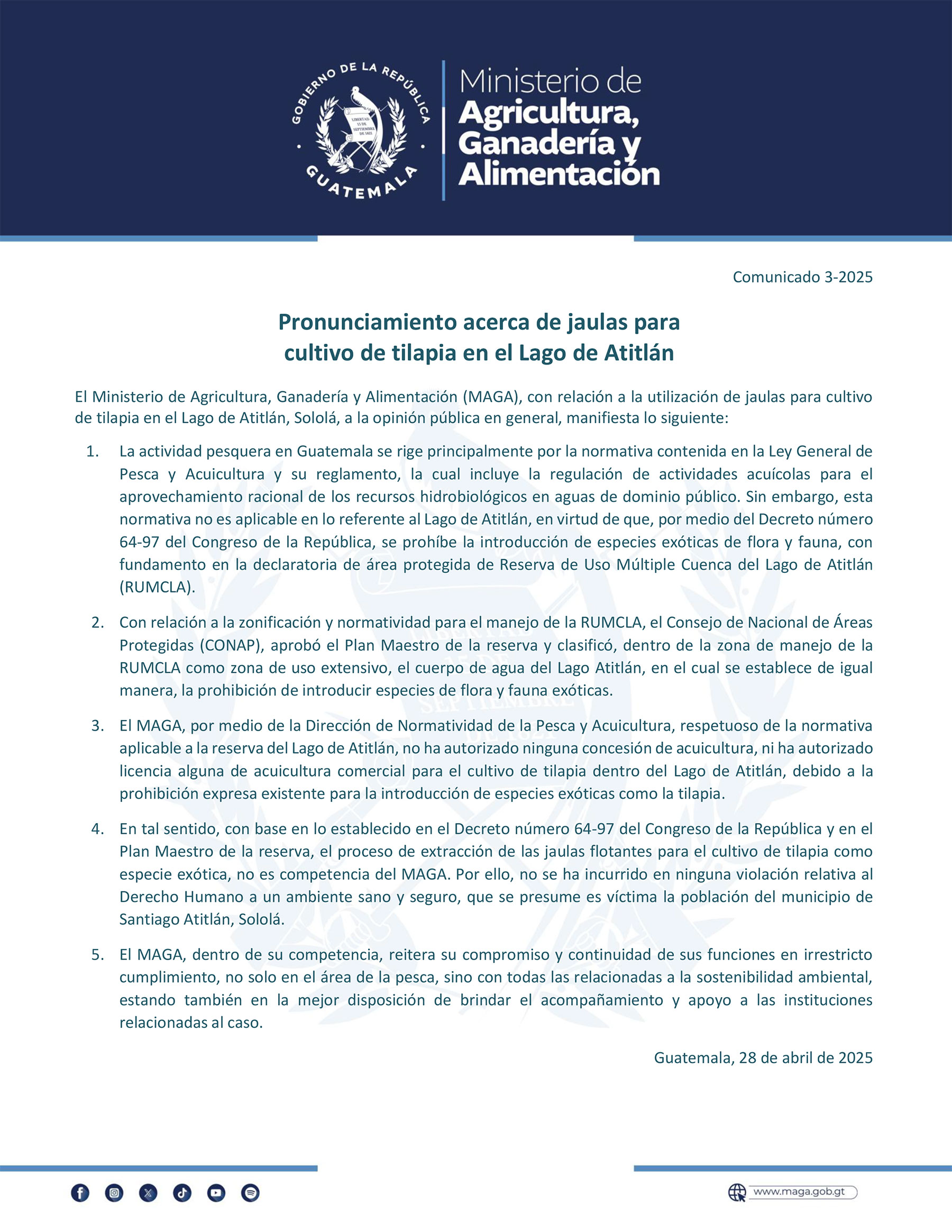 Comunicado 3-2025 | Pronunciamiento acerca de jaulas para cultivo de tilapia en el Lago de Atitlán