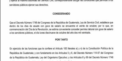 Presidente Arévalo oficializa permiso laboral con goce de salario para el 19 de octubre