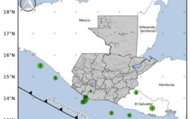LOCALIZACIÓN GEOGRÁFICA DE 11 SISMOS REGISTRADOS EN LAS ÚLTIMAS HORAS. FUENTE: INSIVUMEH.