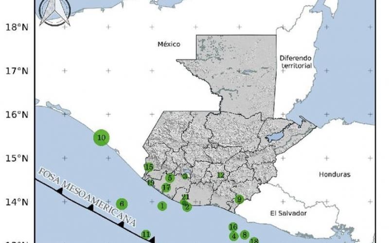 Localización geográfica de los 21 eventos sísmicos registrados en las últimas horas. Fuente: INSIVUMEH.