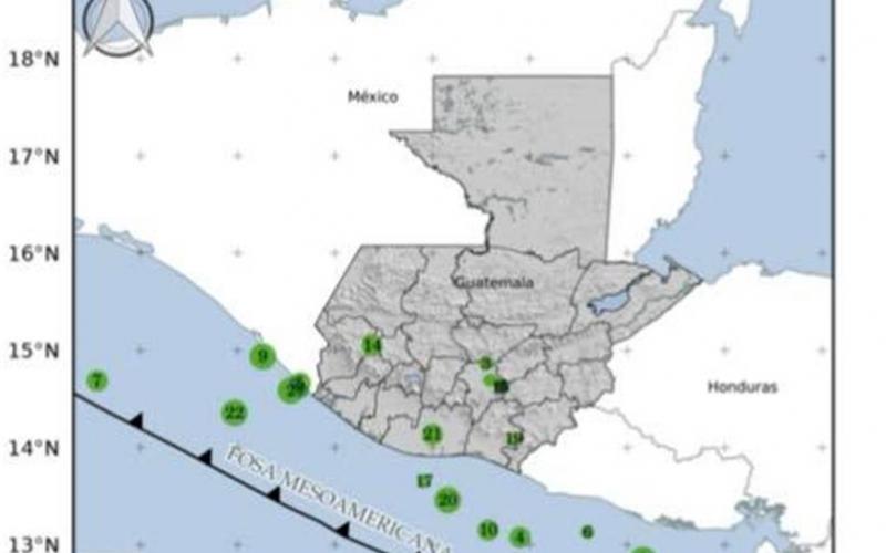 Localización geográfica de los 22 eventos sísmicos registrados en las últimas horas. Fuente: INSIVUMEH.