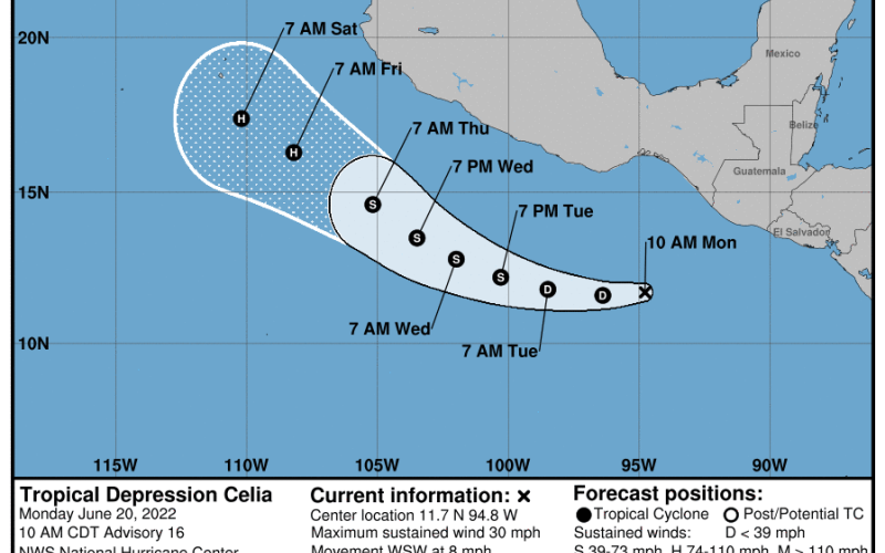Pronóstico de trayectoria de Celia. Fuente: NHC.
