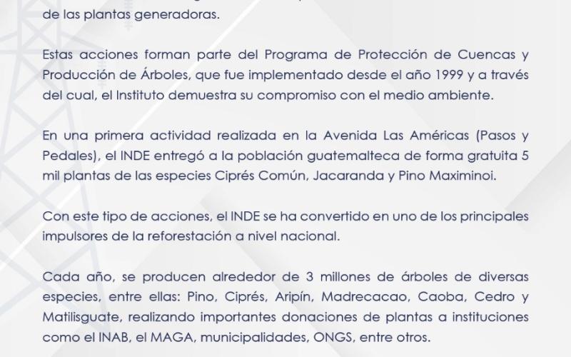 Comunicado oficial INDE entrega de 5 mil árboles