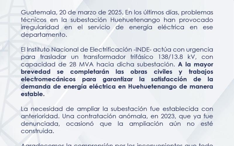 El INDE trabaja para trasladar un transformador trifásico 138/13.8 kV, con capacidad de 28 MVA. 