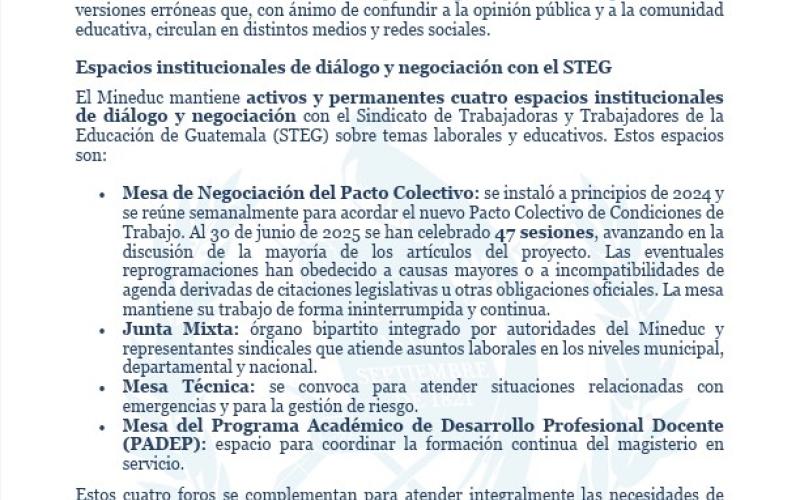 Aclaración sobre espacios de diálogo con el STEG y gestión del personal docente 021