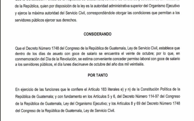 Presidente Arévalo oficializa permiso laboral con goce de salario para el 19 de octubre