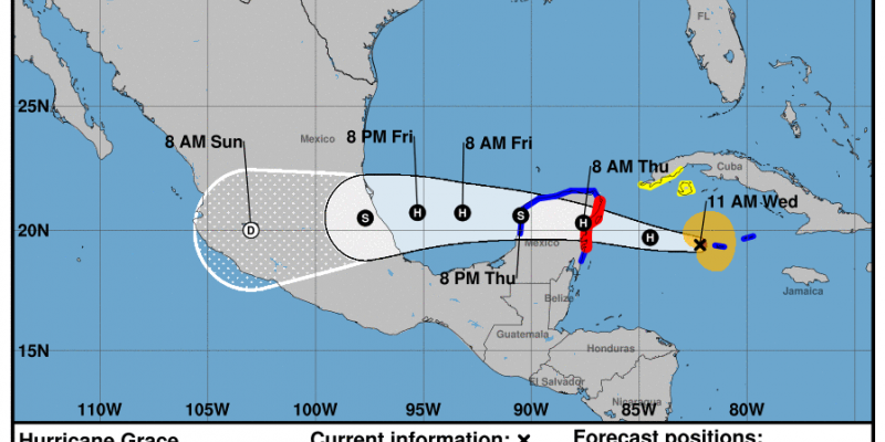 Pronóstico de desplazamiento del Huracán Grace. Fuente: NHC. 
