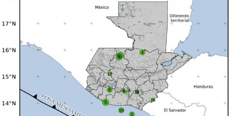 Localización geográfica de 18 sismos en las últimas horas. Fuente: INSIVUMEH.