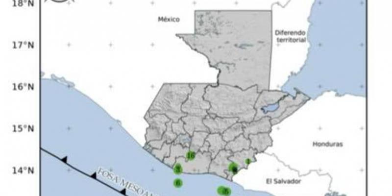 Localización de 16 sismos en las últimas horas. Fuente: INSIVUMEH.