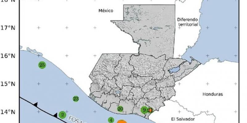 Localización geográfica de los 25 eventos sísmicos registrados en las últimas horas. Fuente: INSIVUMEH.