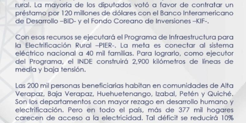 Comunicado oficial del INDE tras aval de Diputados en el financiamiento para electrificación rural.