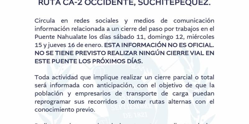 ¡ATENCIÓN! USUARIOS DEL PUENTE NAHUALATE EN LA RUTA CA-2 OCCIDENTE, SUCHITEPÉQUEZ. 