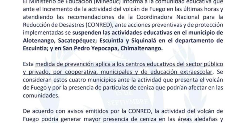 Ministerio de Educación suspende clases en los municipios de Alotenango, Escuintla, Siquinalá y San Pedro Yepocapa para este lunes 10 de marzo de 2025