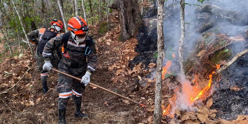 Ejército de Guatemala realiza tareas de supresión de incendios en Baja Verapaz y Quiché.