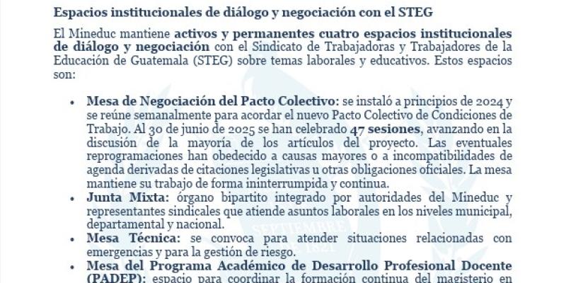 Aclaración sobre espacios de diálogo con el STEG y gestión del personal docente 021